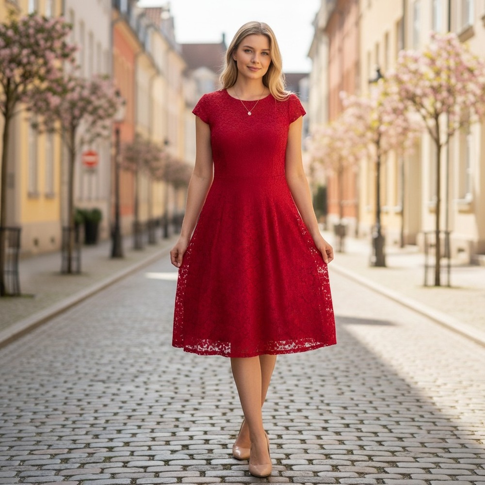 Alfani Woman Red Floral Lace Cap Sleeve Fit Flare Midi Dress Plus Size 20W